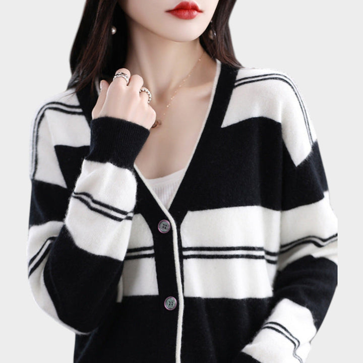 Women’s Knit Cardigan Block Stripe V Neck