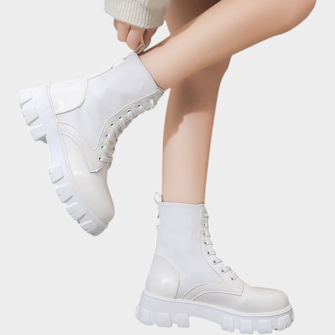 Leather Lace Up Ankle Boots with Chunky Sole and Zip Detail