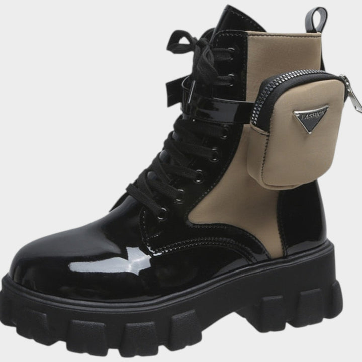 Leather Lace Up Ankle Boots with Chunky Sole and Zip Detail