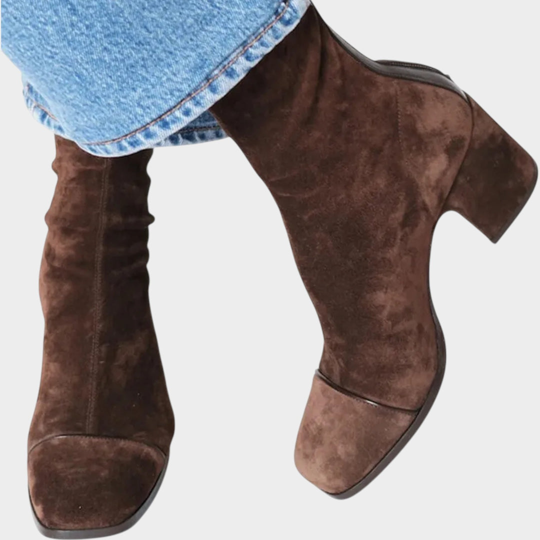 Suede Ankle Boots with Block Heel & Square Toe
