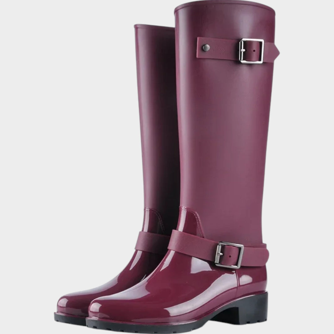 Waterproof Wellington Knee High Boots with Buckle Detail