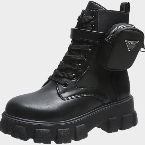 Leather Lace Up Ankle Boots with Chunky Sole and Zip Detail