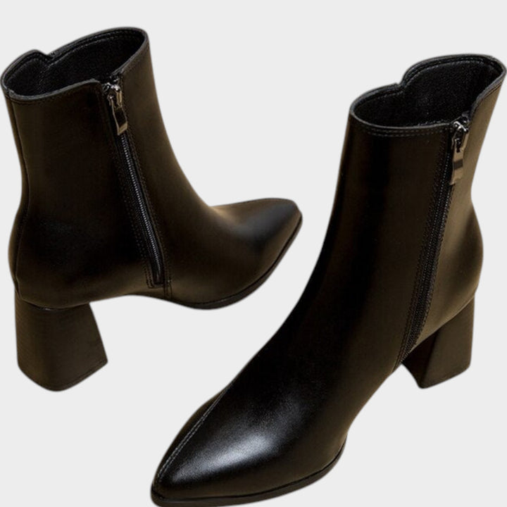 Leather  Pointed Toe Block Heel Ankle Boots