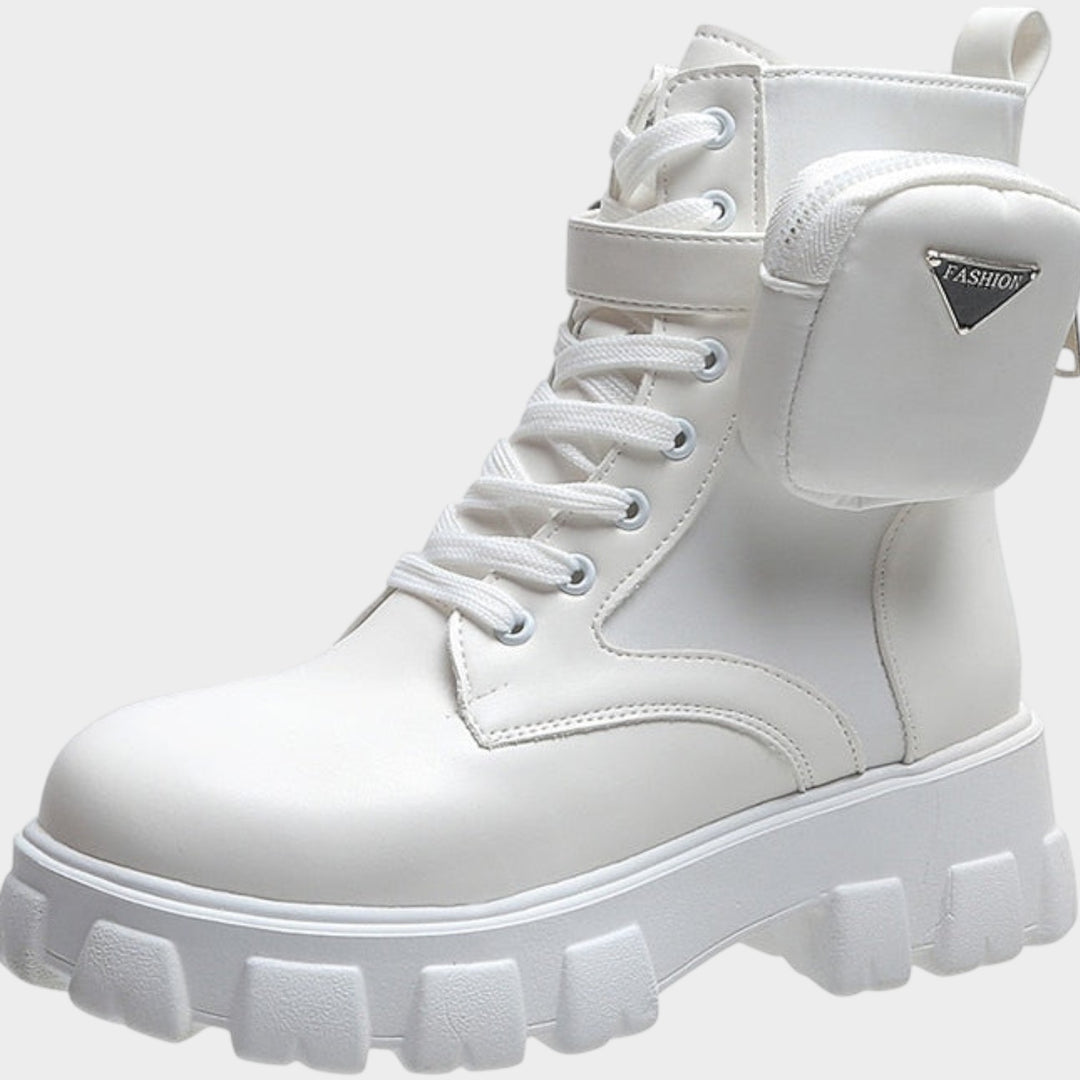 Leather Lace Up Ankle Boots with Chunky Sole and Zip Detail
