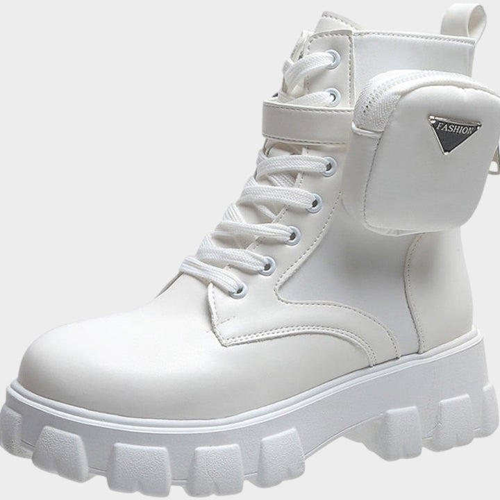 Leather Lace Up Ankle Boots with Chunky Sole and Zip Detail