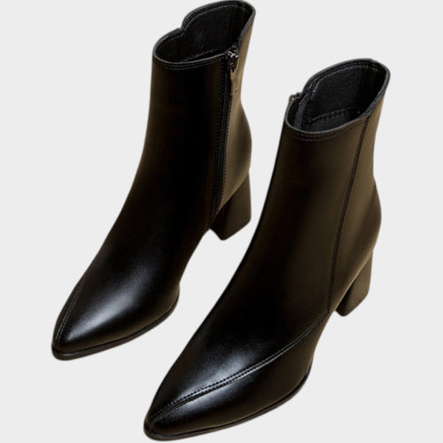 Leather  Pointed Toe Block Heel Ankle Boots