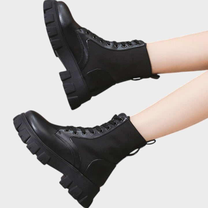 Leather Lace Up Ankle Boots with Chunky Sole and Zip Detail