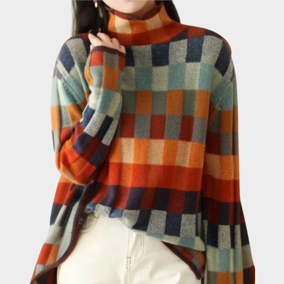 High Neck Checked Knit Jumper