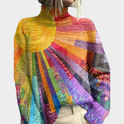 Colourful Abstract Print Knitted Roll Neck Jumper