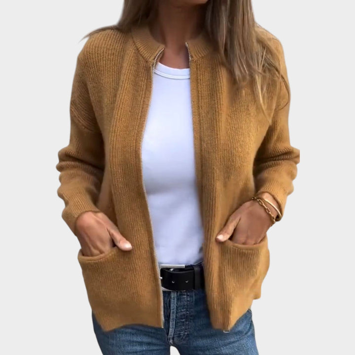 Ribbed Knitted Zip Up Cardigan