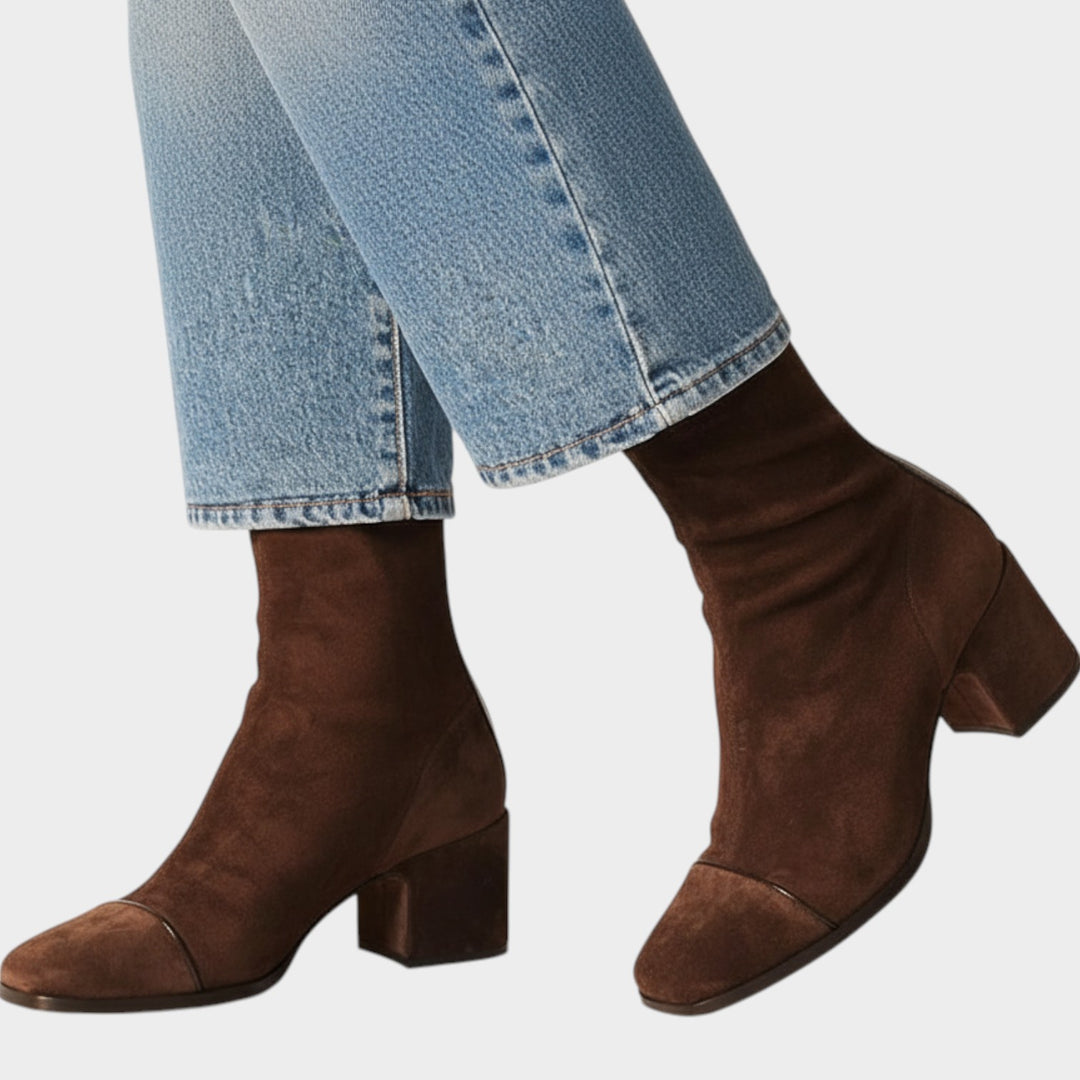 Suede Block Heel Ankle Boots with Pointed Toe