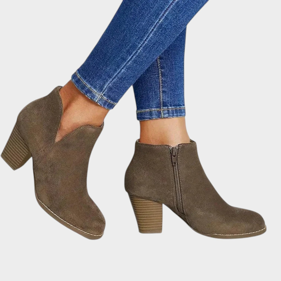 Suede Block Heel Ankle Boots with Side Zip