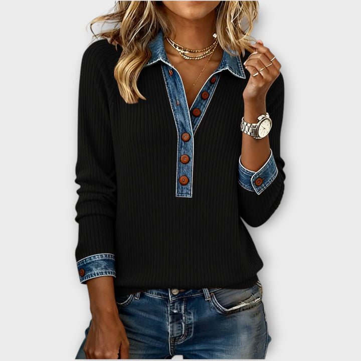 Ribbed Denim Collared Knitted Jumper