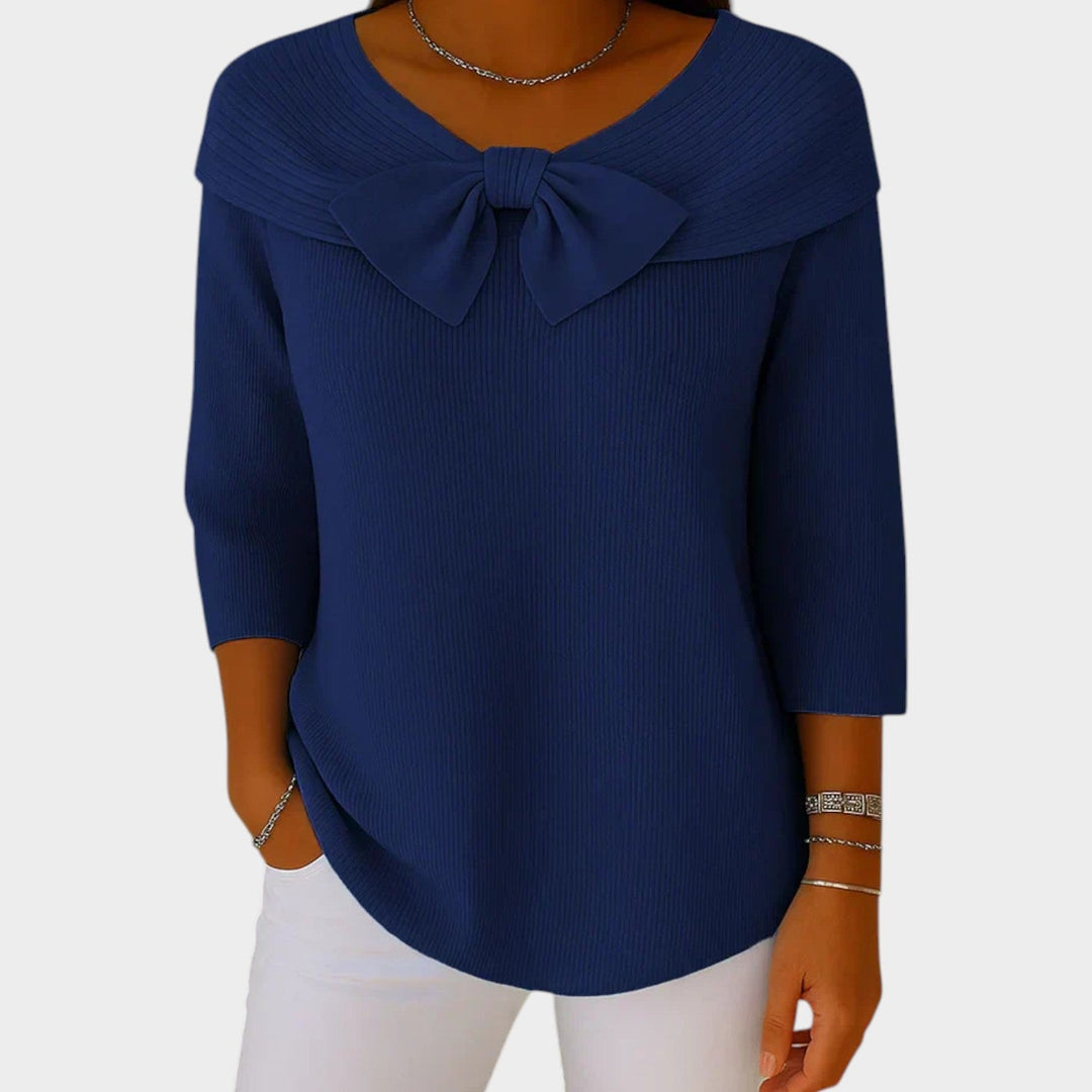 Bow Neck Ribbed Knitted Jumper