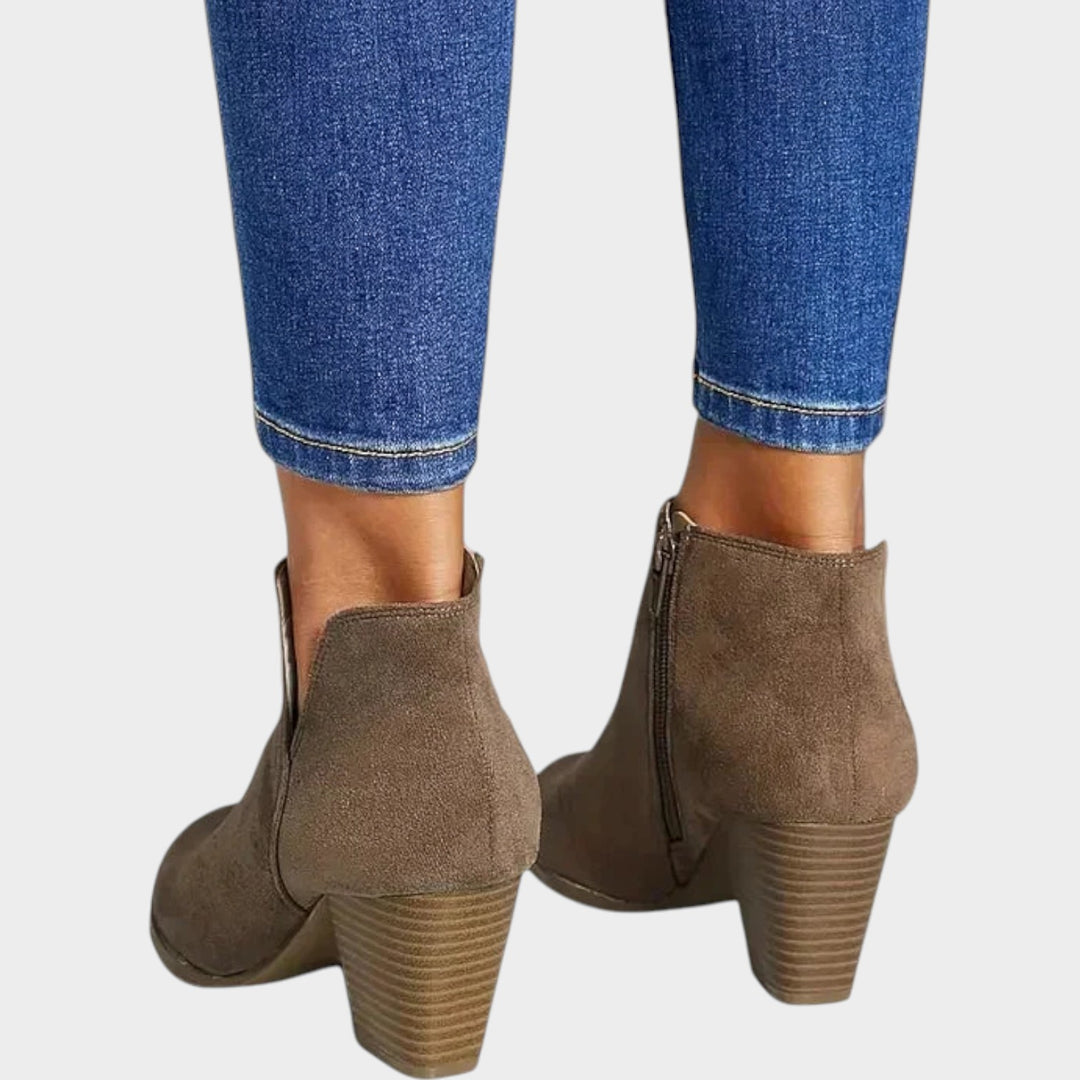 Suede Block Heel Ankle Boots with Side Zip