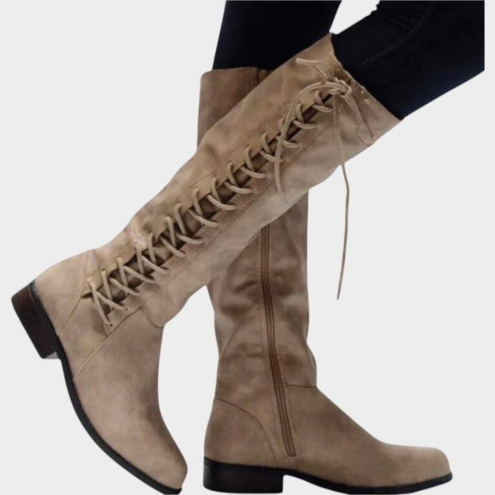 Knee High Lace Up Low Heel Wedge Boots