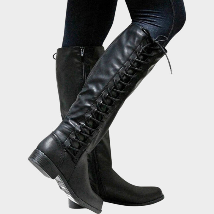Knee High Lace Up Low Heel Wedge Boots