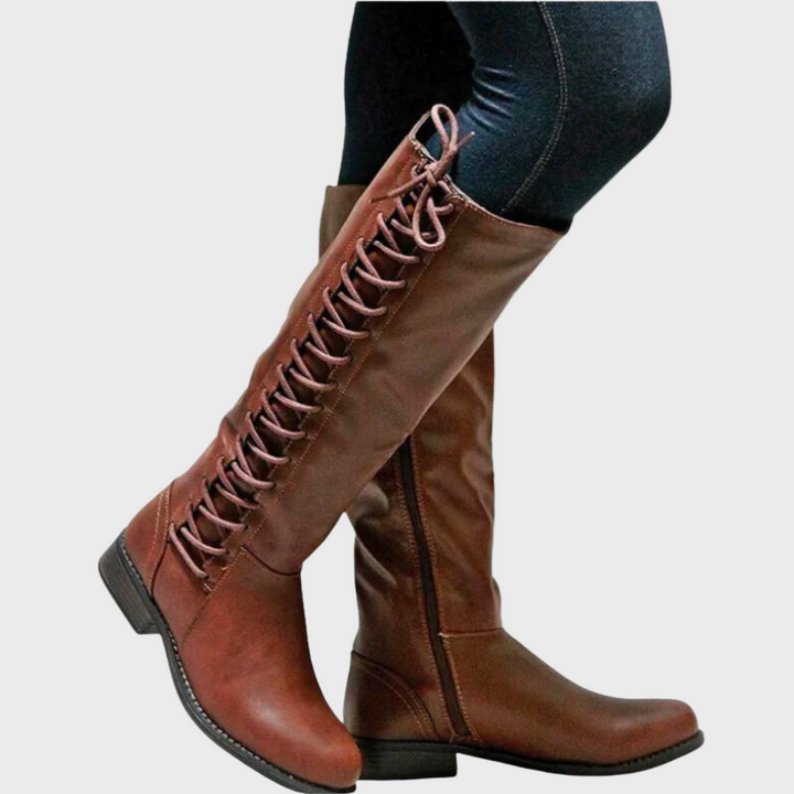 Knee High Lace Up Low Heel Wedge Boots