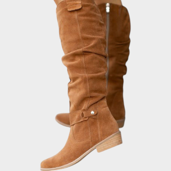 Knee High Suede Slouch Low Heel Boots