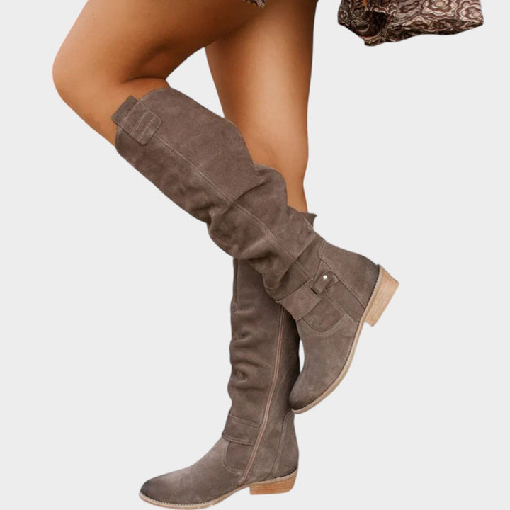 Knee High Suede Slouch Low Heel Boots