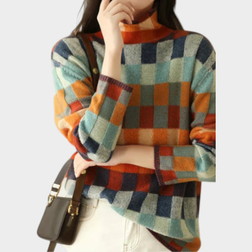 High Neck Checked Knit Jumper