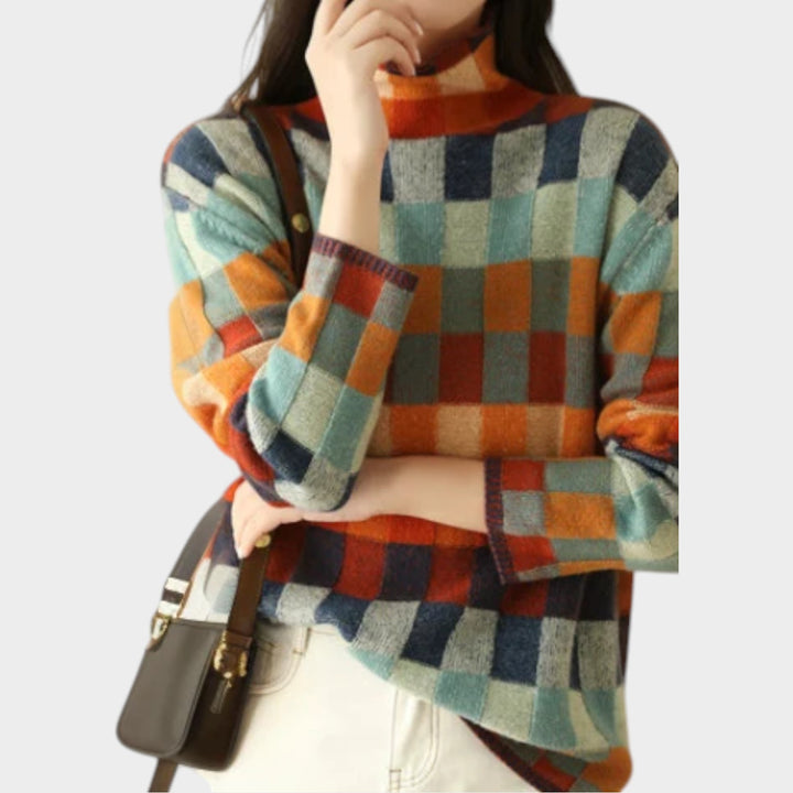 High Neck Checked Knit Jumper