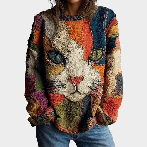 Crew Neck Cat Graphic Knit Jumper