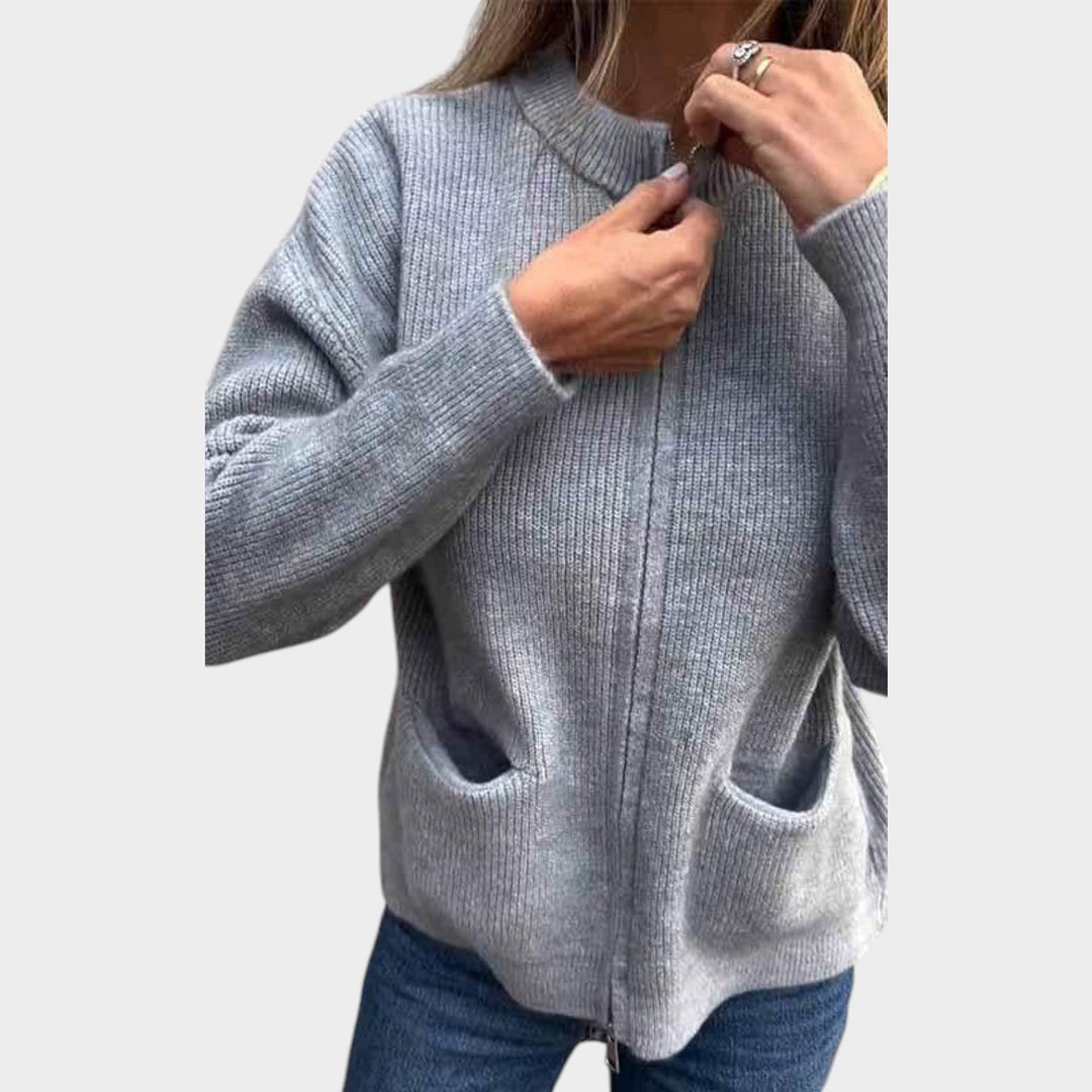 Ribbed Knitted Zip Up Cardigan