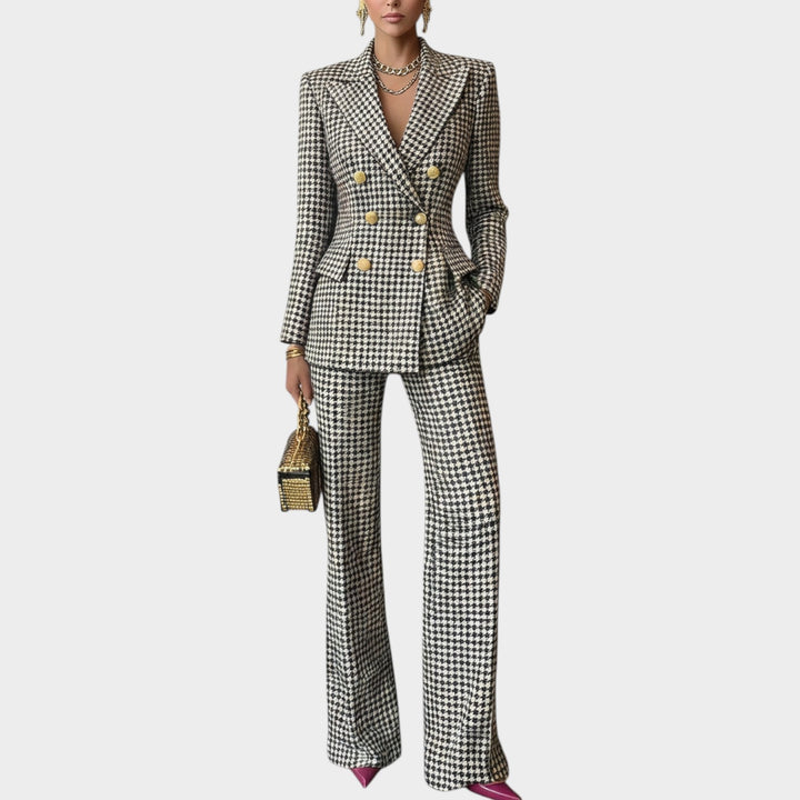 Women's Plaid Suit Double Breasted Blazer Wide Leg Pants