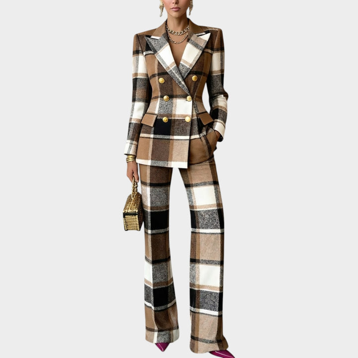 Women's Plaid Suit Double Breasted Blazer Wide Leg Pants