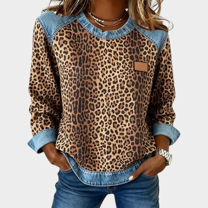 Leopard Print Long Sleeve Denim Trim Top