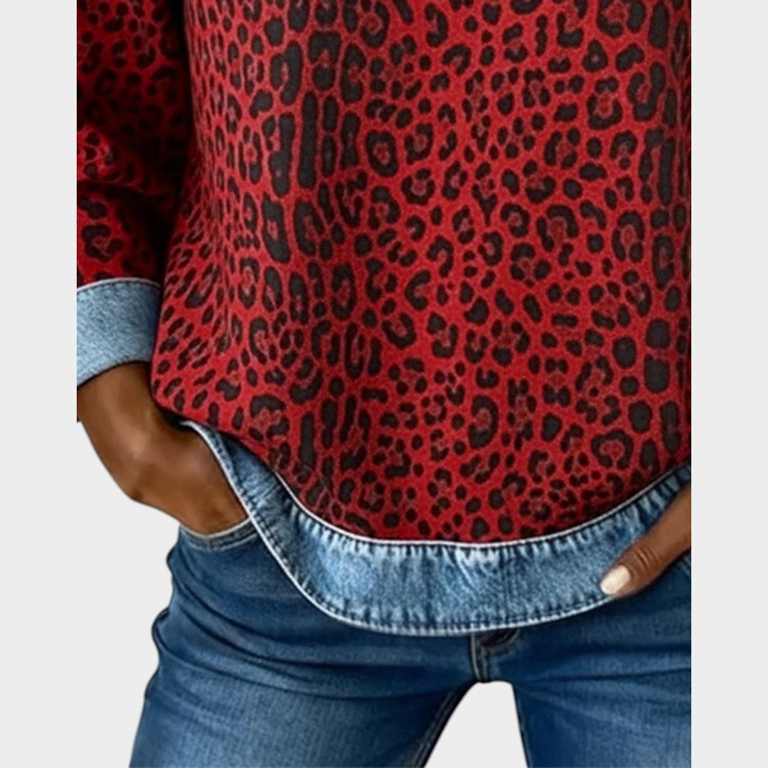 Leopard Print Long Sleeve Denim Trim Top