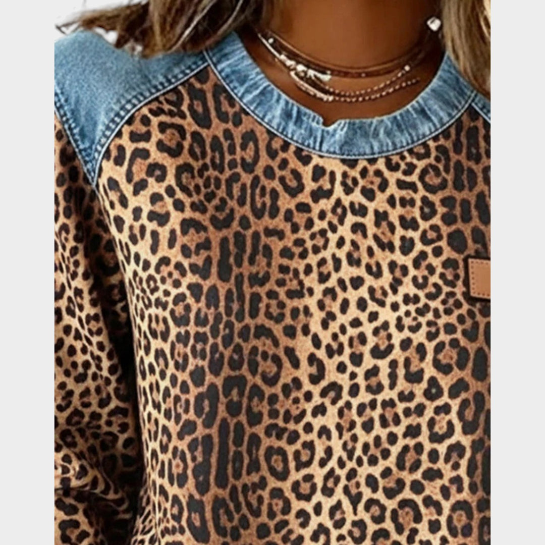 Leopard Print Long Sleeve Denim Trim Top