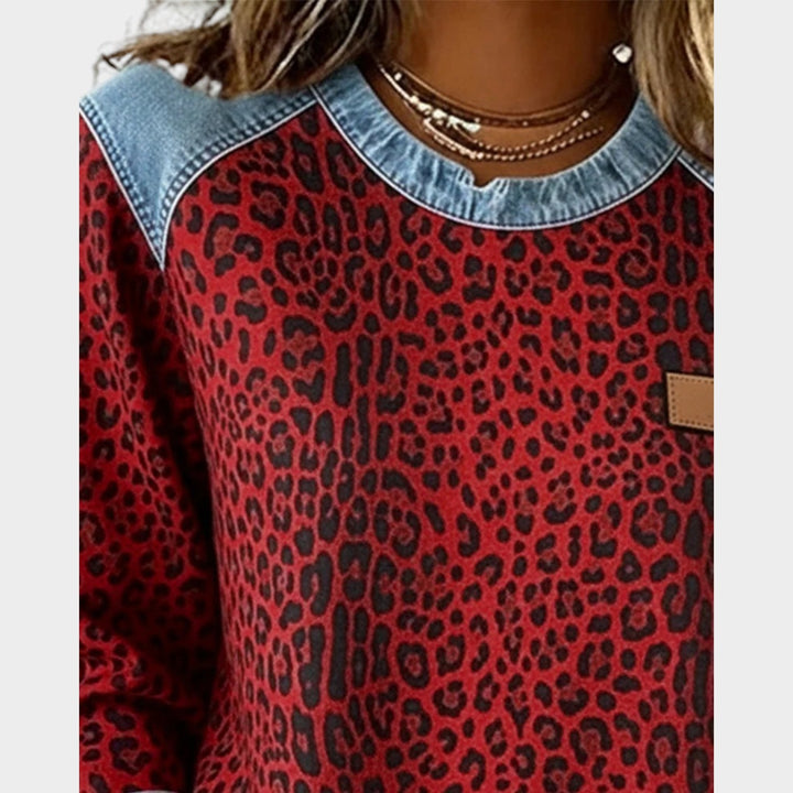 Leopard Print Long Sleeve Denim Trim Top