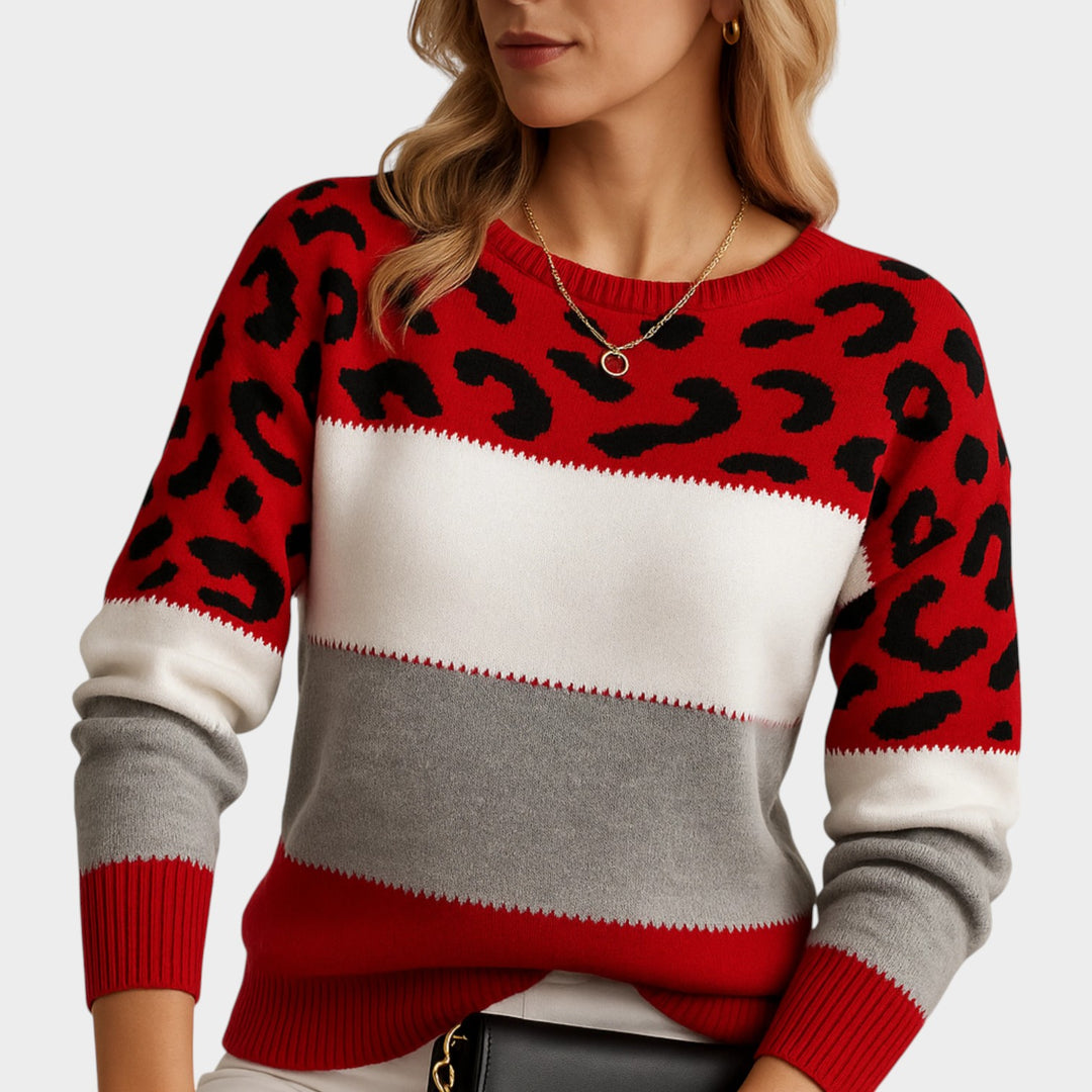 Leopard Print Knitted Crew Neck Sweater