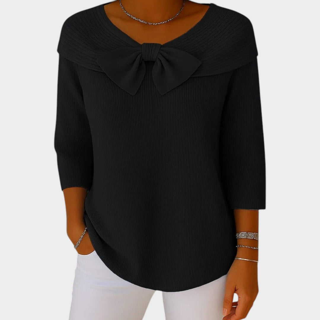 Bow Neck Ribbed Knitted Jumper