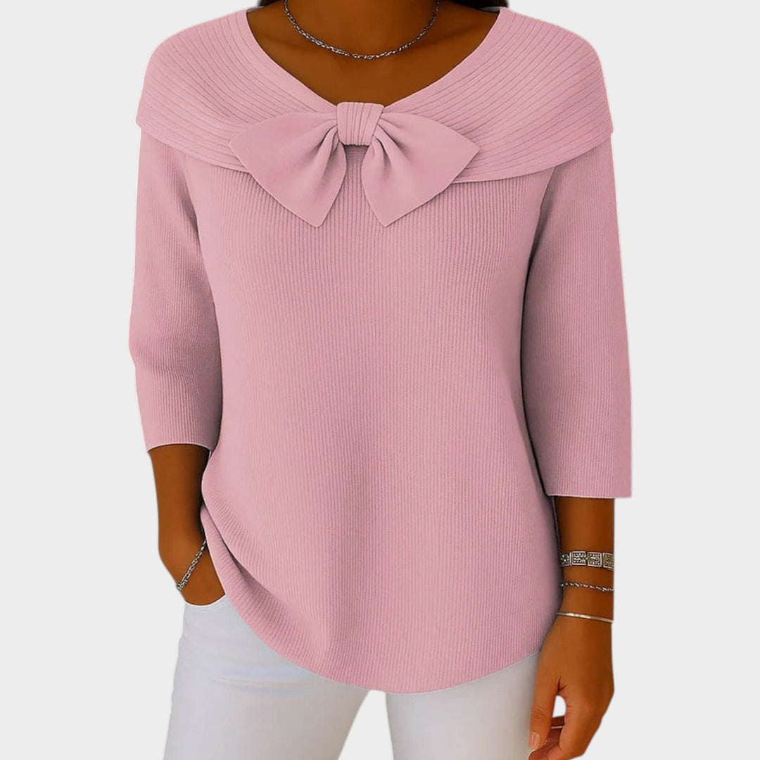 Bow Neck Ribbed Knitted Jumper