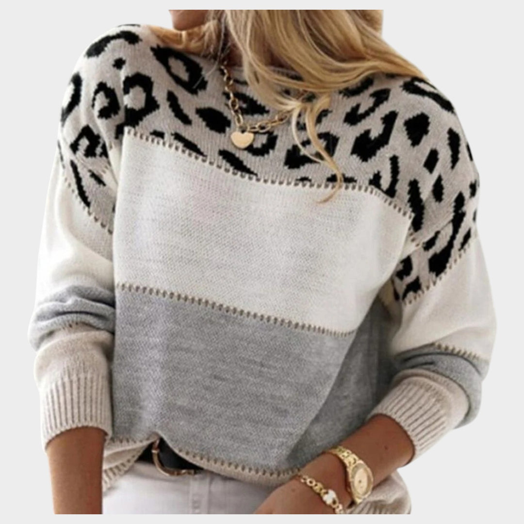 Leopard Print Knitted Crew Neck Sweater