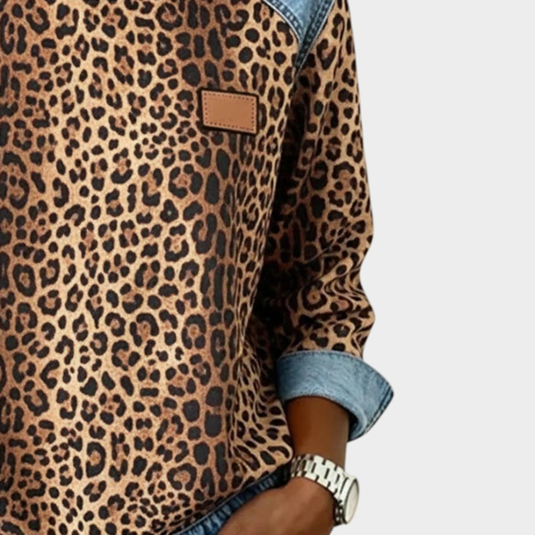 Leopard Print Long Sleeve Denim Trim Top