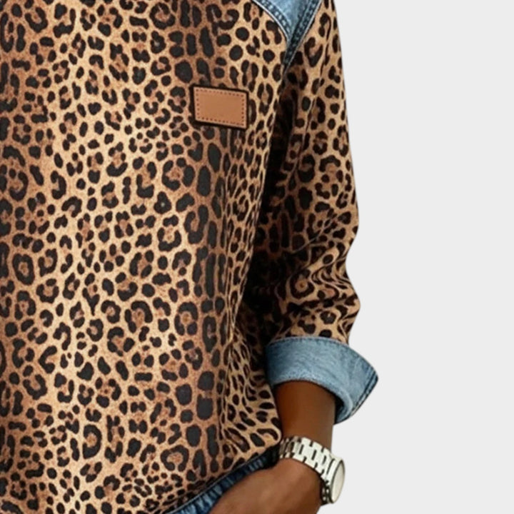 Leopard Print Long Sleeve Denim Trim Top
