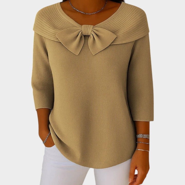 Bow Neck Ribbed Knitted Jumper