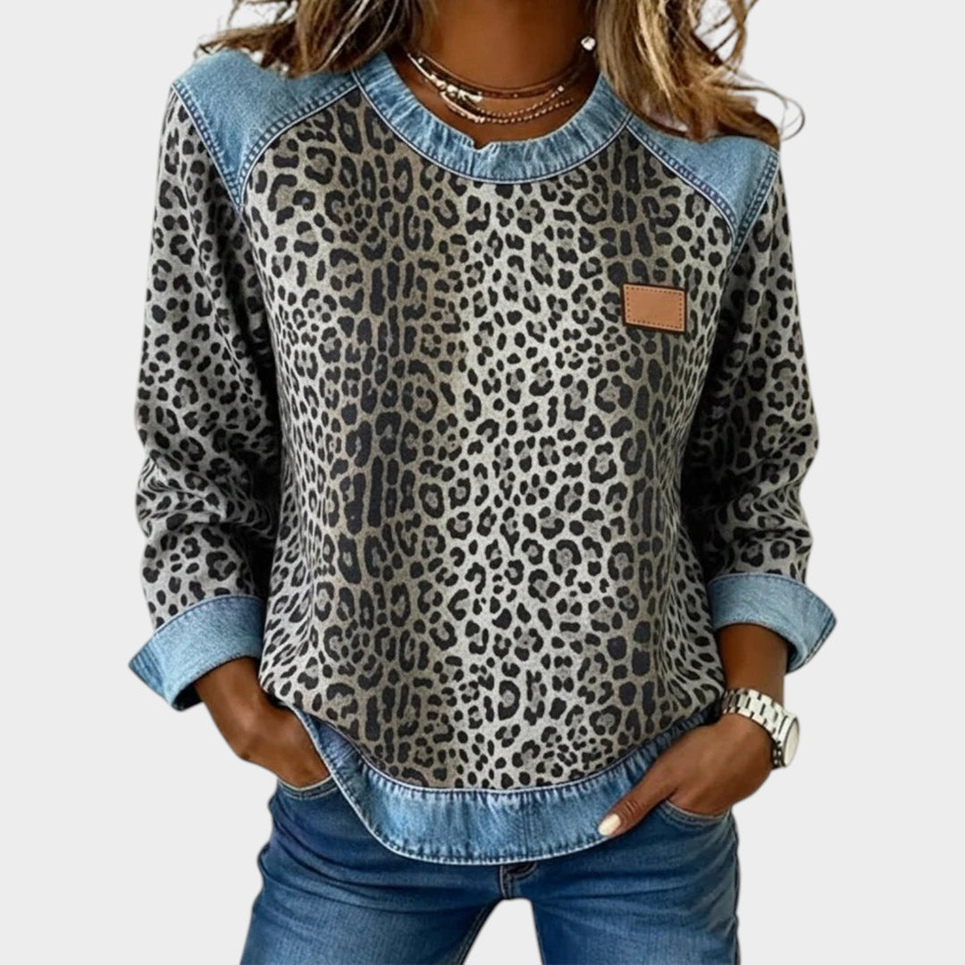Leopard Print Long Sleeve Denim Trim Top