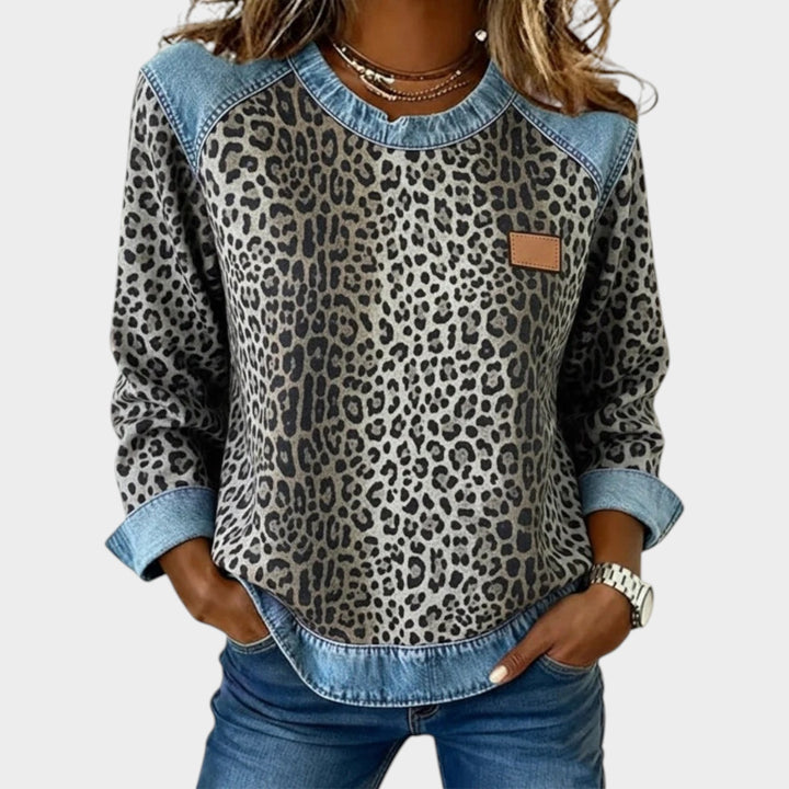 Leopard Print Long Sleeve Denim Trim Top