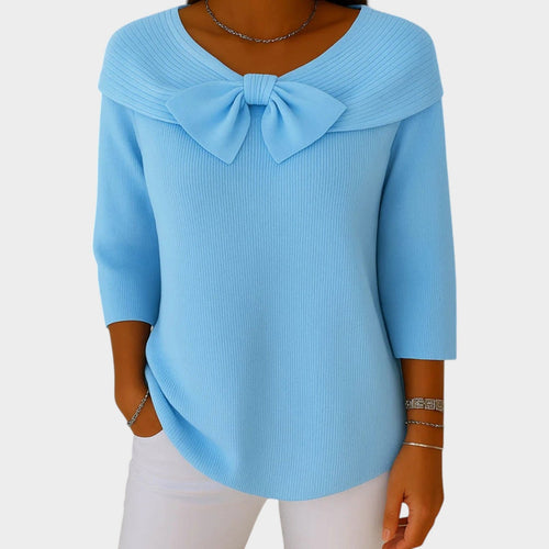 Bow Neck Ribbed Knitted Jumper