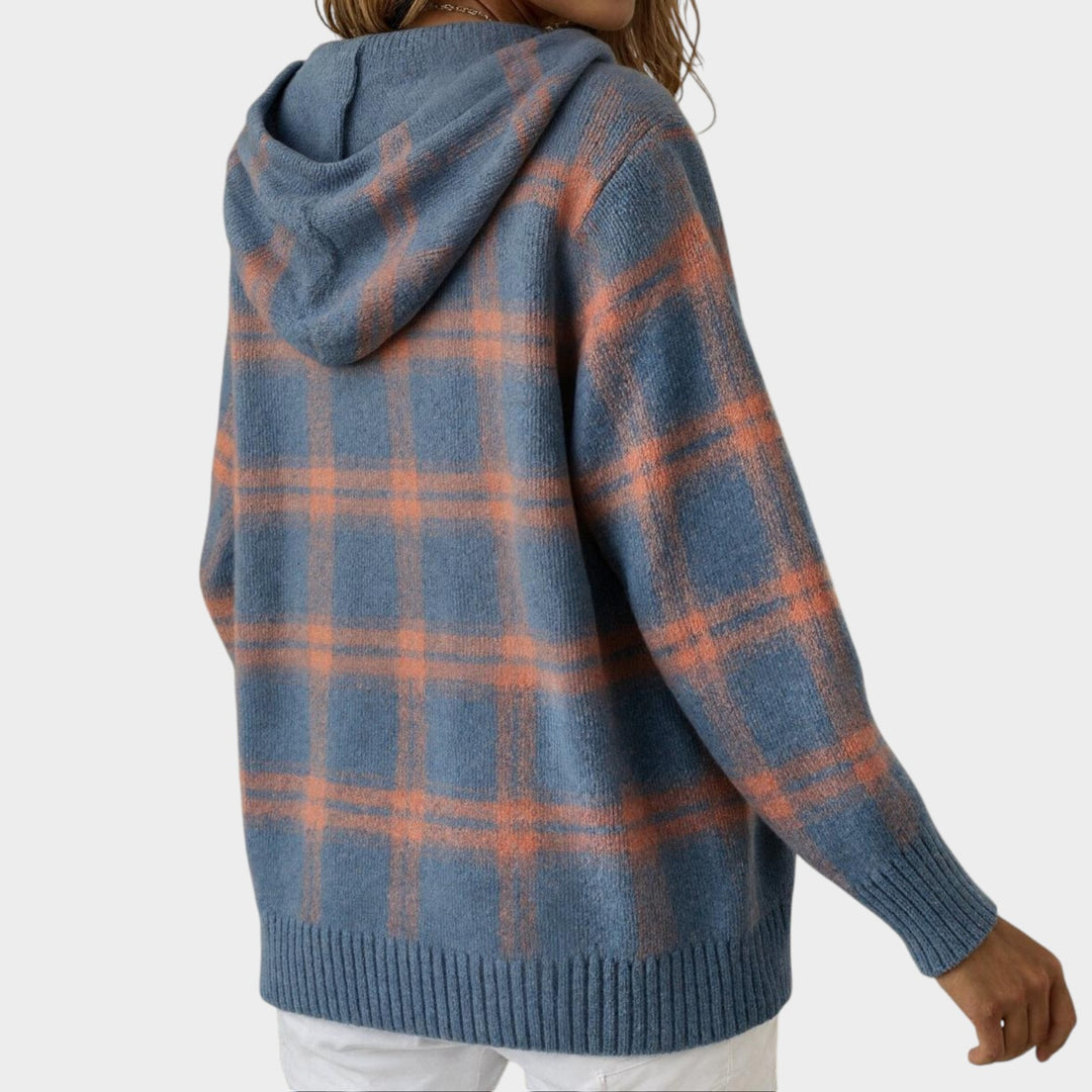 Checked Hooded Button Up Knit Cardigan
