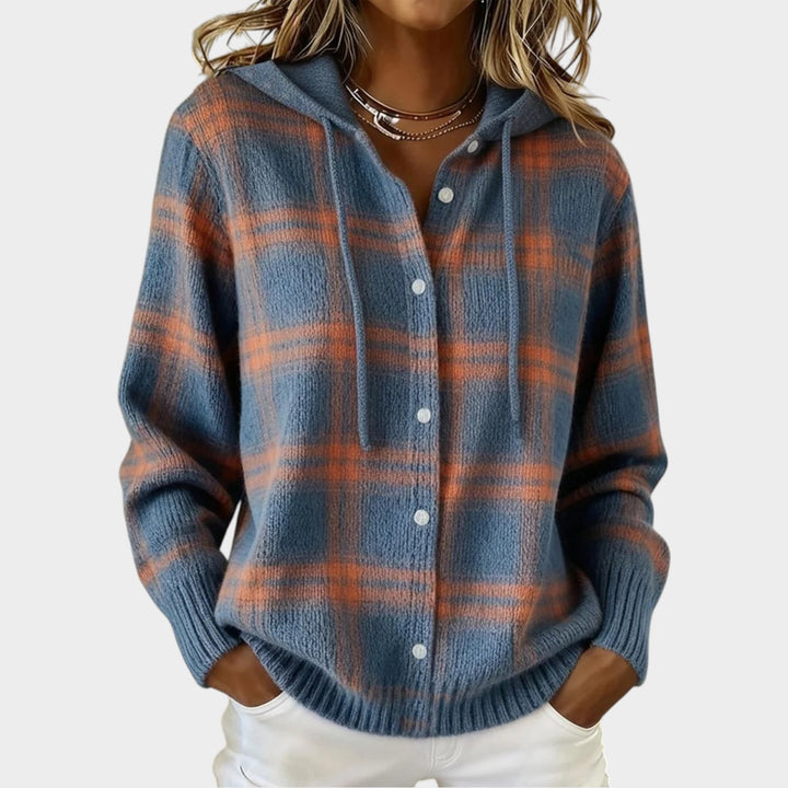 Checked Hooded Button Up Knit Cardigan