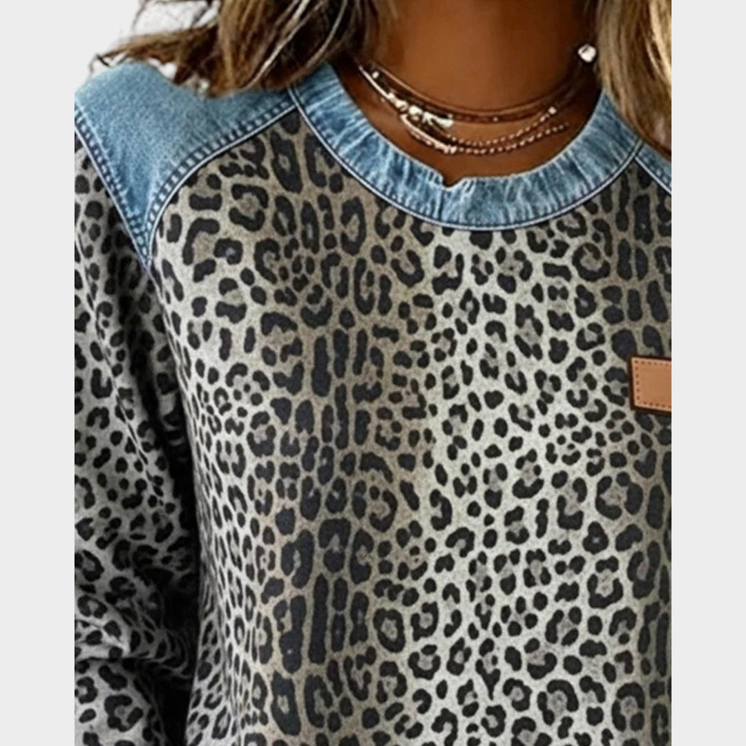 Leopard Print Long Sleeve Denim Trim Top