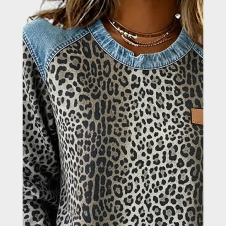 Leopard Print Long Sleeve Denim Trim Top