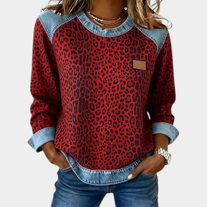 Leopard Print Long Sleeve Denim Trim Top