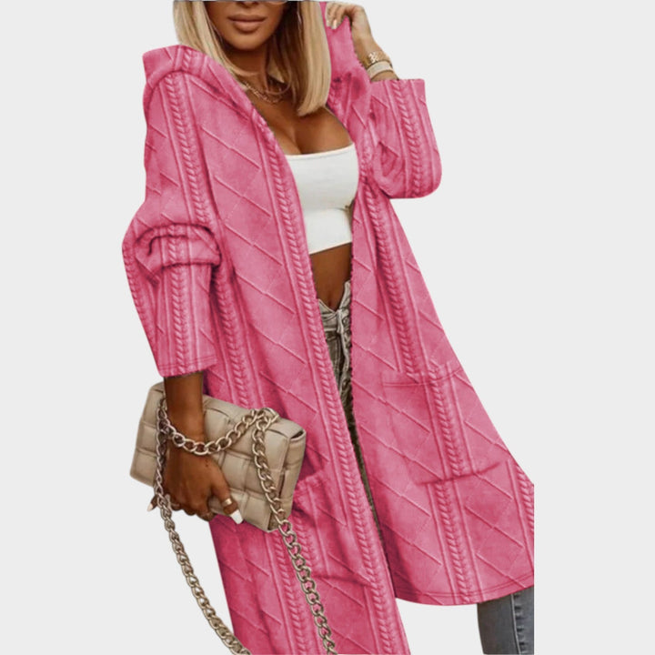 Long Hooded Cable Knitted Cardigan